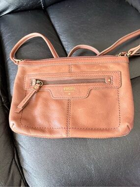 Fossil Brown Leather Crossbody with Front Zip Pocket